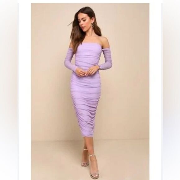 Lulu’s desirable Date meshed ruched off the shoulder dress size L Lavender nwt - Picture 1 of 5